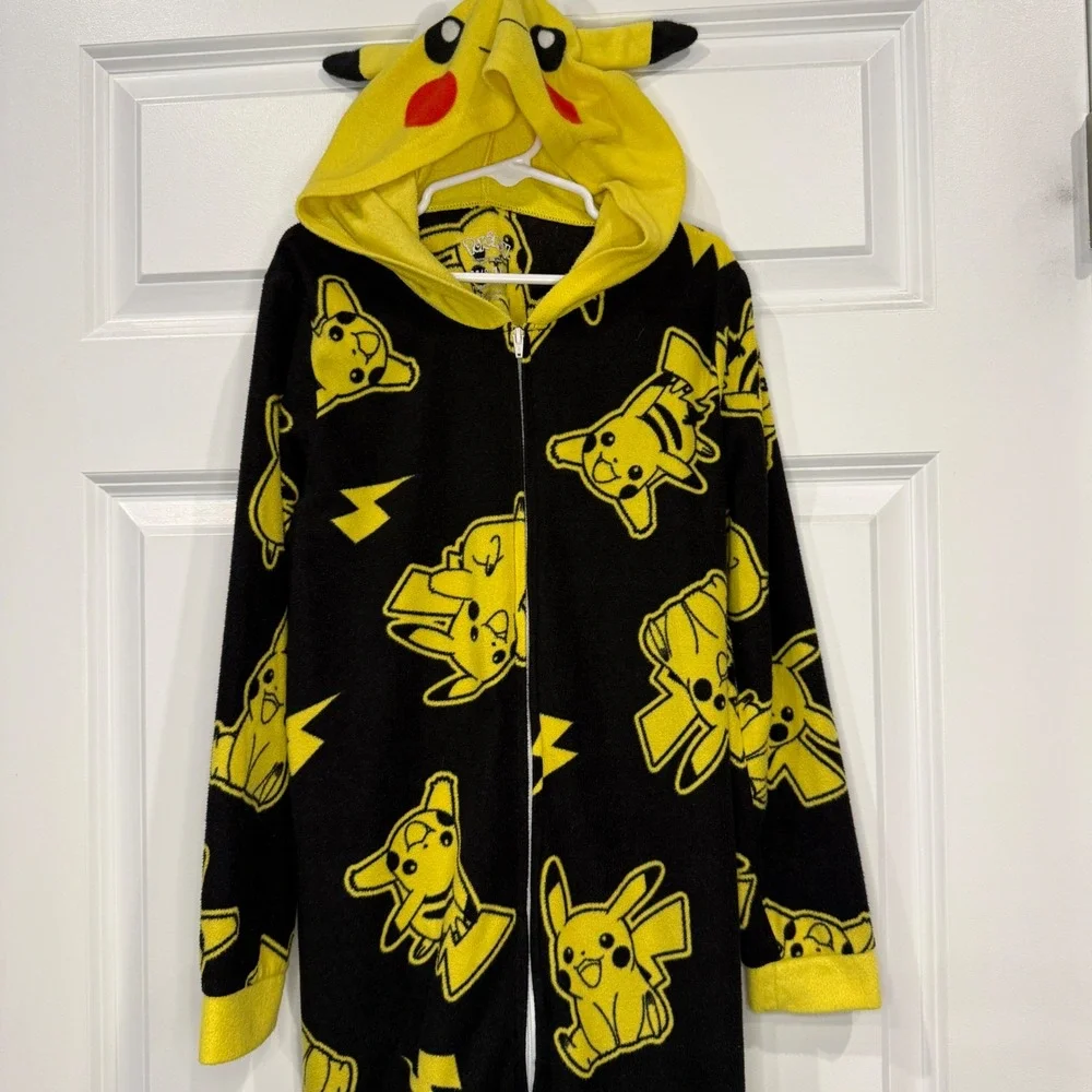 Pokemon Pikachu Kids Fleece Hooded One Piece‎ Pajama Union Suit Size M 8/10